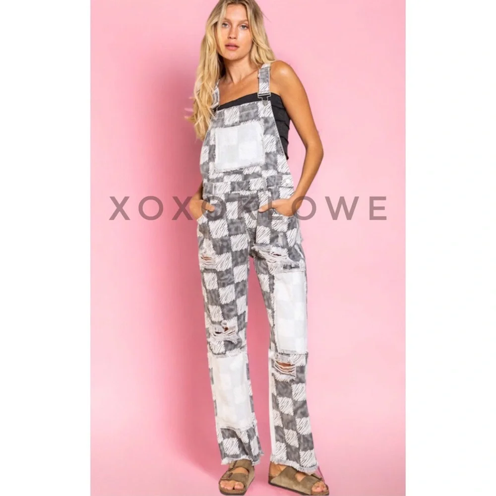 POL Black & White Checkerboard Distressed Overalls Premium Denim - Picture 3 of 13